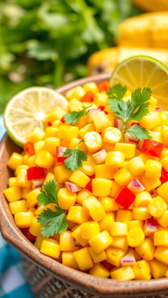 A colorful sweet corn salad with bell peppers and cilantro in a rustic bowl, set outdoors.